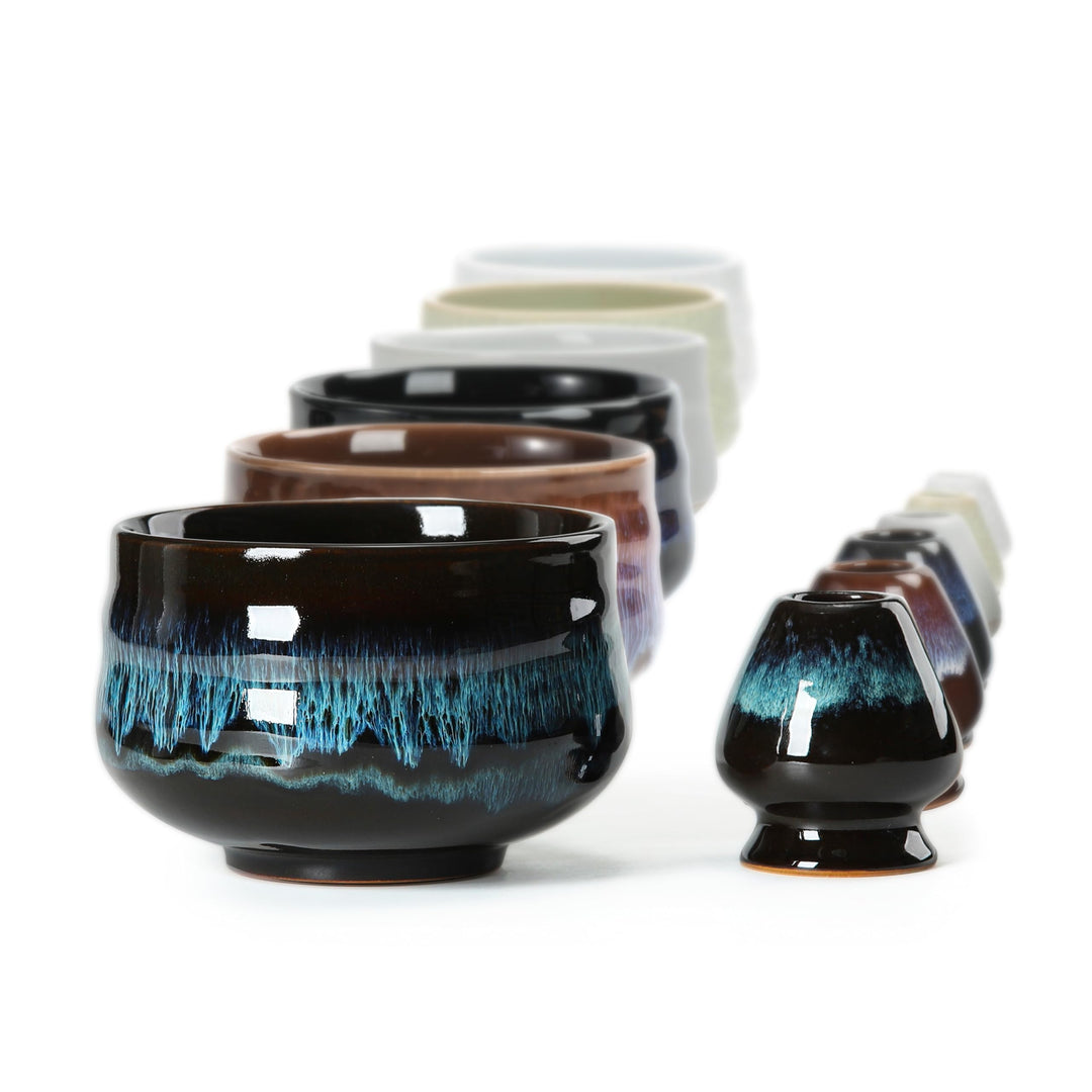 Japanische Matcha-Schale aus Keramik mit Schneebesenhalter, 510 ml. TEANAGOO K14, Blau, Chawan Match