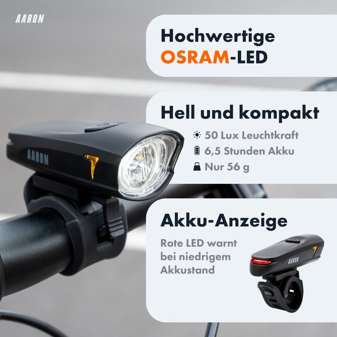 AARON 100 LUX Fahrradlichter Set (9h Leuchtdauer), StVZO zugelassen, 2000 mAh Akku Fahrrad Licht Set