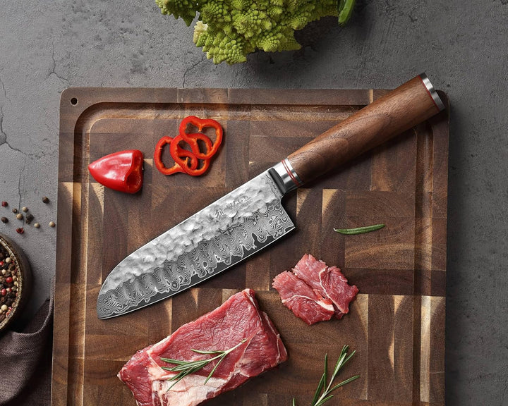 Wakoli Nussbaum Exklusives 3er Messerset – Premium Damast Santoku Messer, Kleines Santokumesser & Of