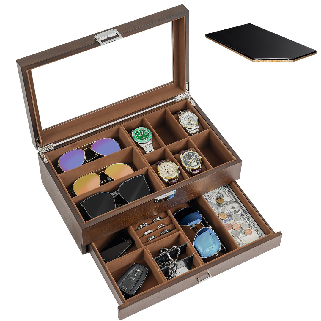 ProCase Uhrenbox Brillenbox aus Holz in Klavierlack hochglänzend, 2 Ebenen, Brillen Aufbewahrungsbox