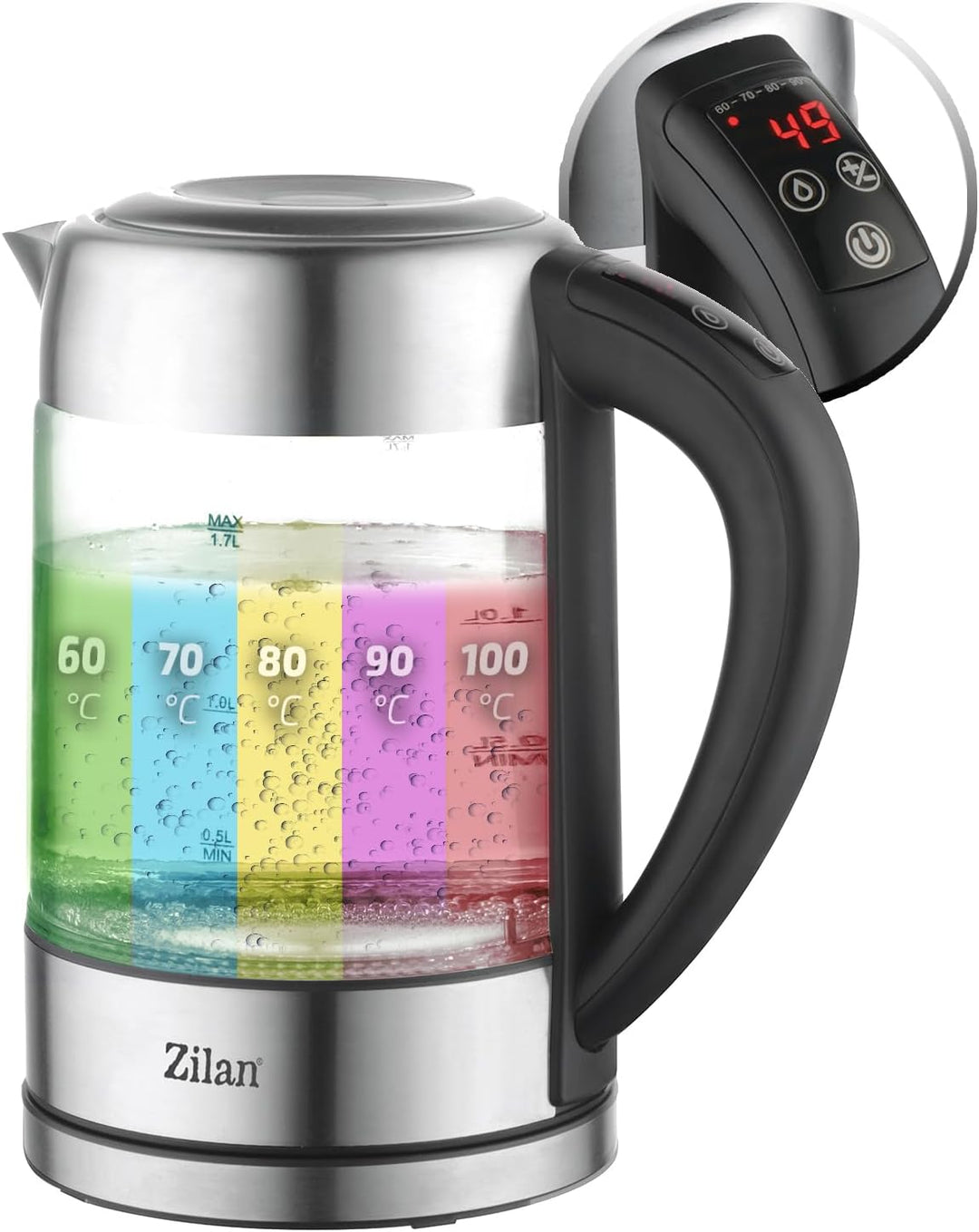 Zilan LED Glas Wasserkocher, Digitaldisplay, 1,7 l, 5 verschiedene Einstellungen, Kabelloser Wasserk
