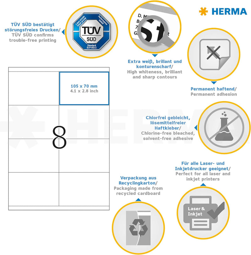 HERMA 4426 Versandetiketten, 100 Blatt, 105 x 70 mm, 8 Stück pro A4 Bogen, 800 Aufkleber, selbstkleb