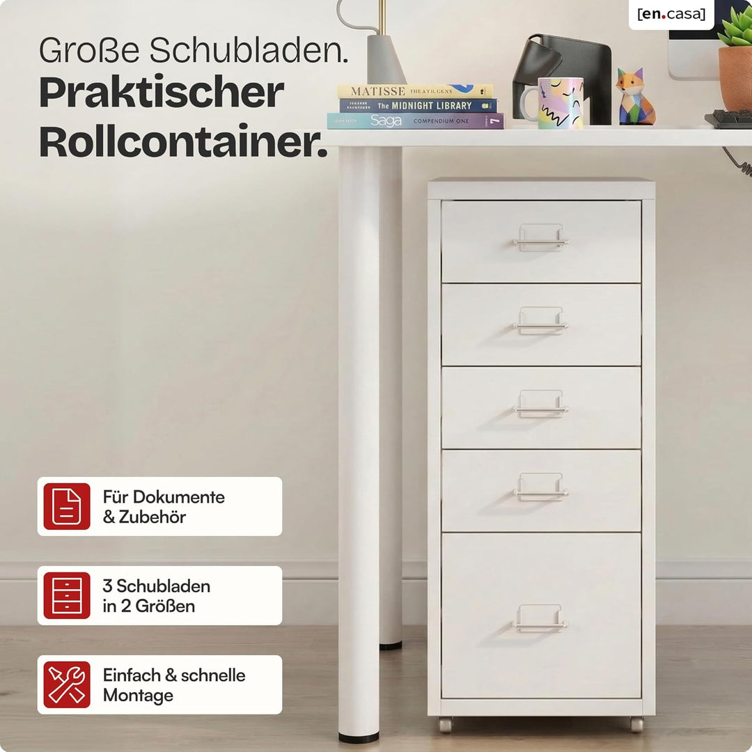 [en.casa] Rollcontainer Kökar Schubladenschrank Metall Aktenschrank mit 5 Schubladen Bürowagen mit R