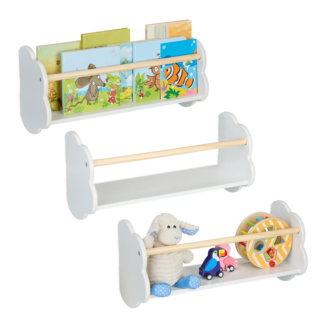 Relaxdays Bücherregal Wolke, 3er Set, Kinderbücherregal Wand, HxBxT: 24 x 50 x 18 cm, Wolkenregal Ki