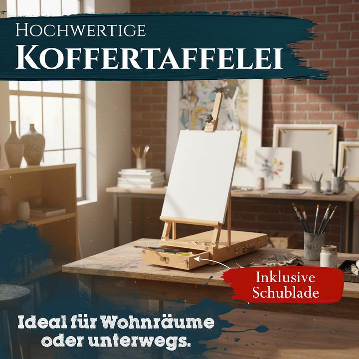 Artina Kofferstaffelei Tischstaffelei für Keilrahmen bis 56 cm Le Mans – Zeichenbrett mit Schublade,