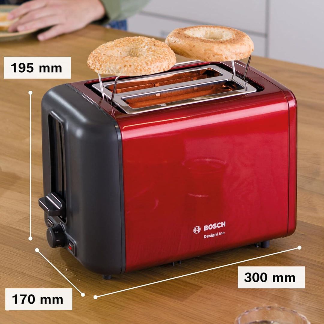Bosch Kompakt Toaster DesignLine TAT3P424DE, integrierter Edelstahl-Brötchenaufsatz, mit Abschaltaut