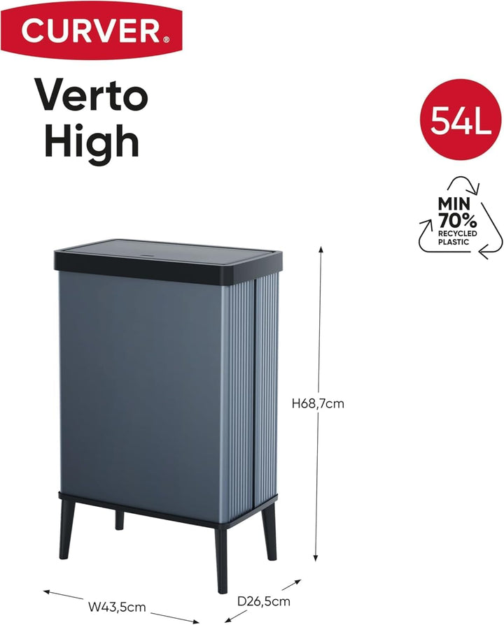 Curver Verto High 54L Mülleimer mit Push Deckel und Füssen, optimal für Küche, einfache Sortierung,