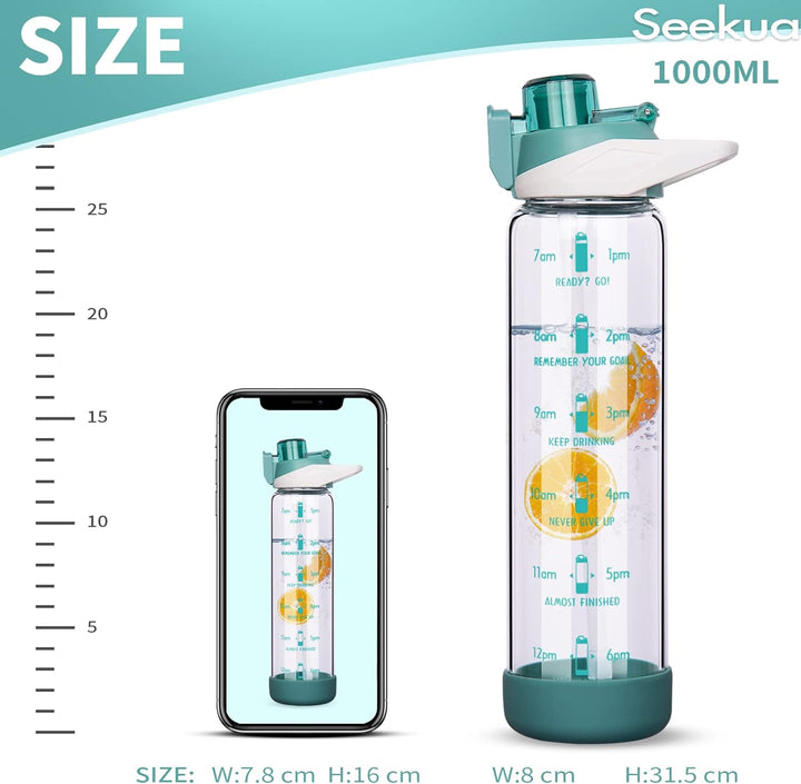 Seekua 1l Sport Trinkflasche Glas Flasche mit Strohhalm & Zeitmarkierung auslaufsicher bpa frei 1 li