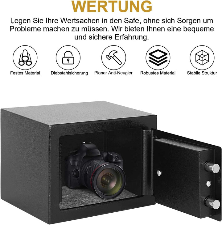 6,4L Feuer- und Wasserdichter Möbeltresor – Sicherheitsstufe mit Doppelbartschloss, Stabiler Stahl-S