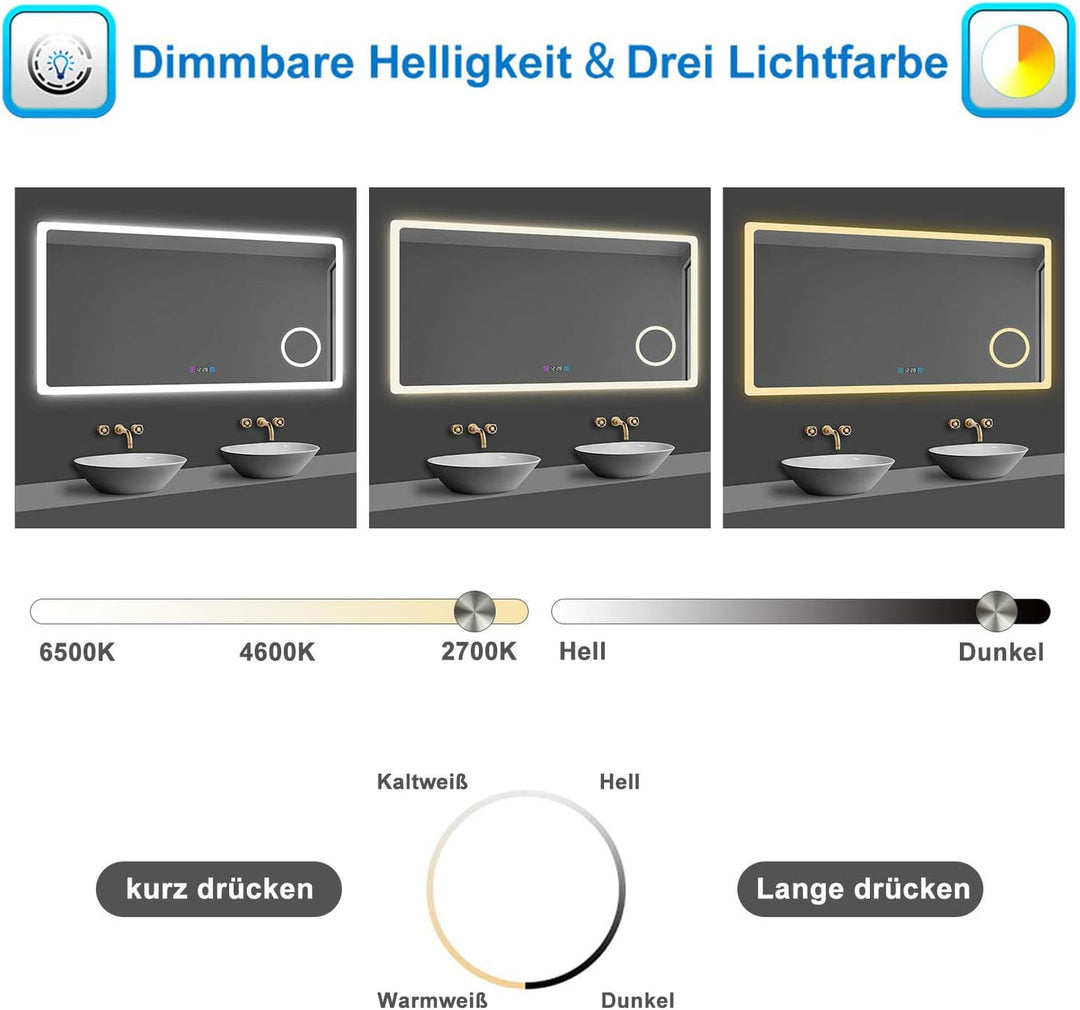 Aica Sanitär LED Badspiegel 120×70cm 3 Lichtfarbe 2700-6500K dimmbar Wandspiegel mit Uhr, Touch, Bes