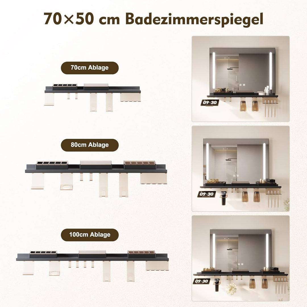 SONNI Badezimmerspiegel mit Beleuchtung 70x50 cm, LED Badspiegel mit Ablage 70cm, 3 einstellbare Lic