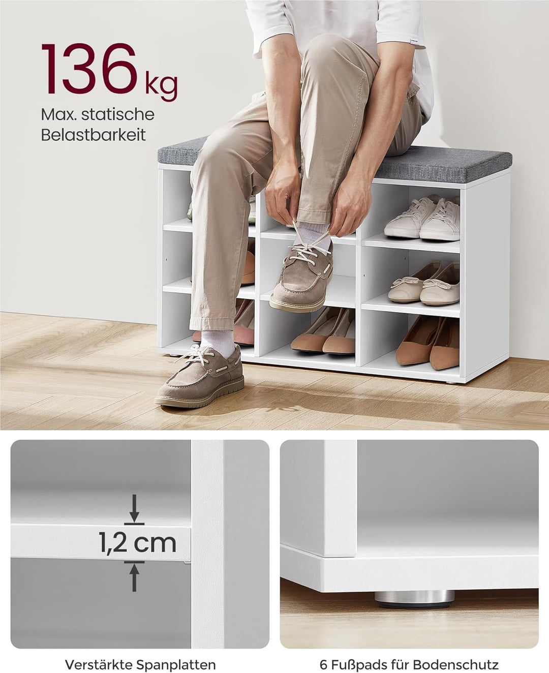VASAGLE Schuhbank, Schuhregal mit Sitzfläche, Sitzbank mit Stauraum, Kissen, 9 Fächer, verstellbare