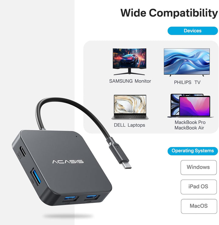 USB C Hub 10Gbps, Multiport-Adapter mit 4K60 HDMI, 100 W Leistungsabgabe, 3 USB A 3.1, Datenanschlus
