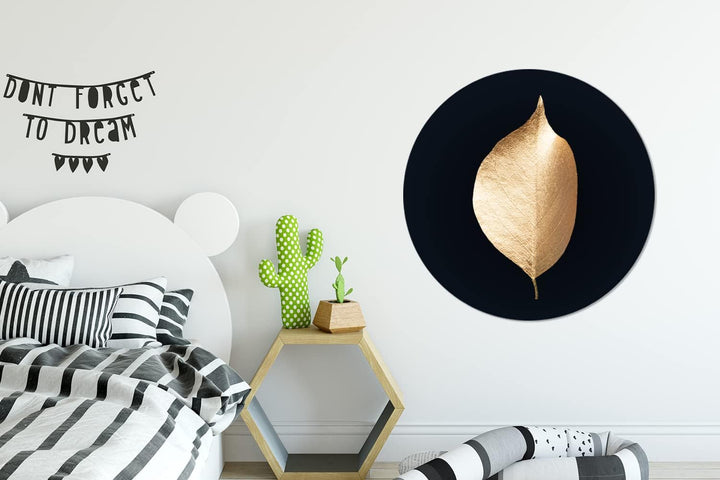 MuchoWow Wandbild Rund Wanddeko Deko Wohnzimmer Bilder 90x90 cm Blätter - Gold - Schwarz - Pflanzen
