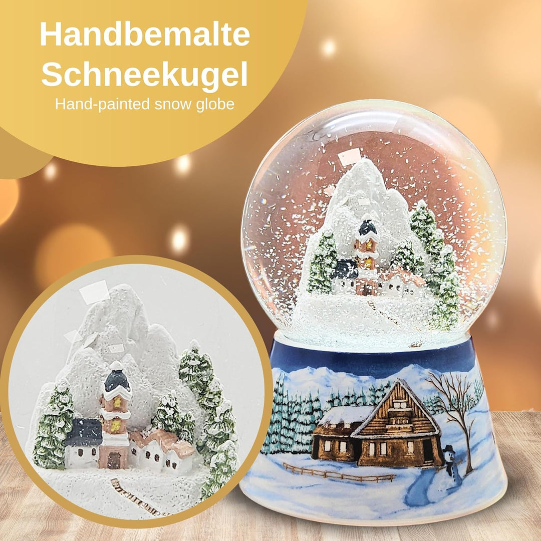Schneekugel Weihnachten Spieluhr | Bergdorf mit Kirche | Sockel Winterlandschaft Mittelblau | Musik