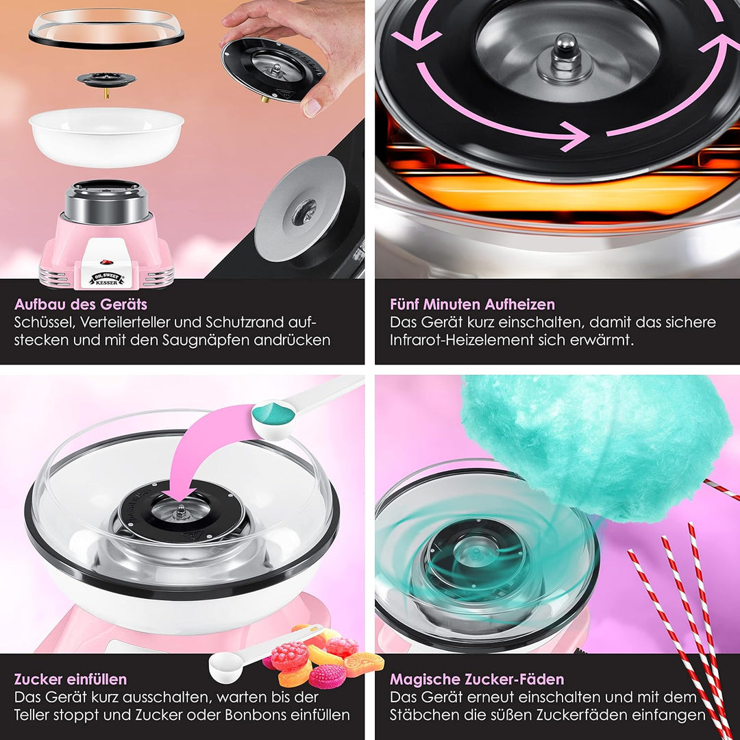KESSER® Zuckerwattemaschine Set für Dein zuhause - Mit 30x Zuckerwatte Stäbchen & Messlöffel - Retro