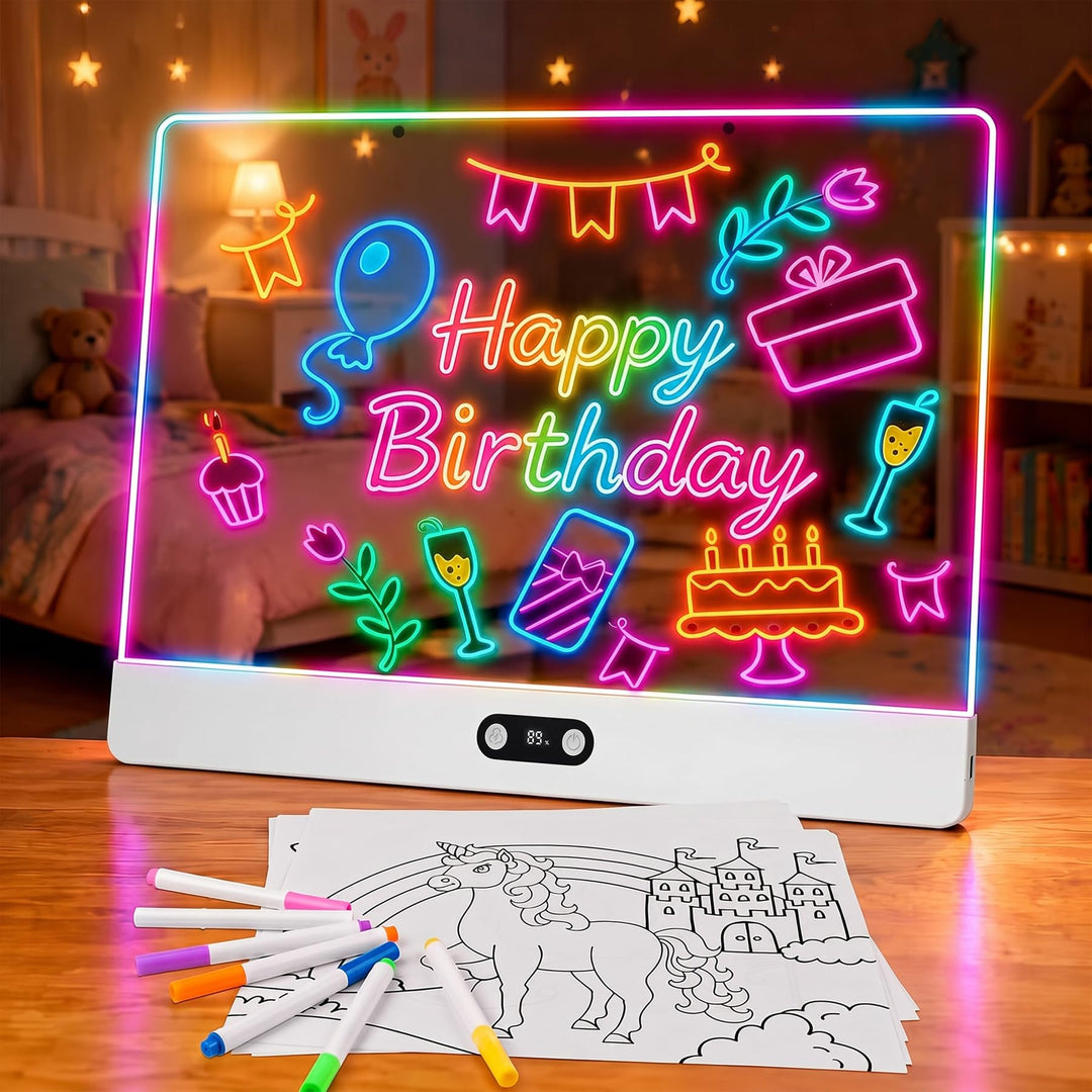 sylvwin LED Zeichenbrett Kinder – Neon Leuchtboard 35×26cm, 8 Farben & 3 Lichtmodi, LED Maltafel Wie