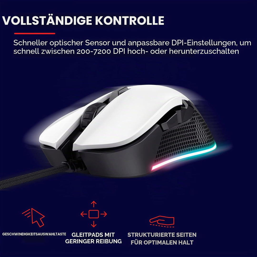 Trust Gaming GXT 922W Ybar Gaming Maus mit RGB LED-Beleuchtung, 200-7200 DPI, USB Kabel 2,1 m, Erwei