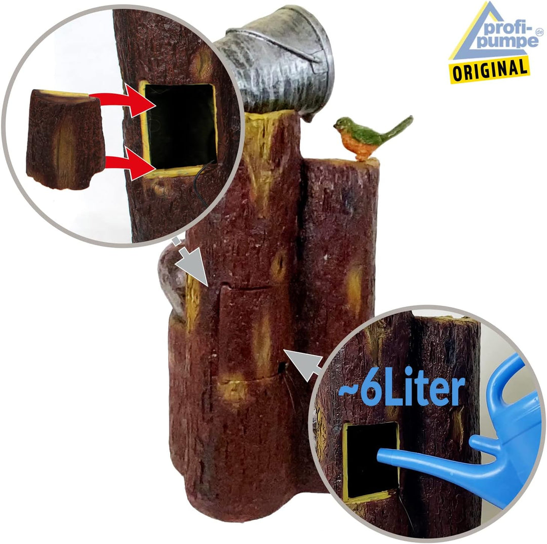 Solar Gartenbrunnen Brunnen BAUMSTUMPF & TONKRÜGE Zierbrunnen Wasserfall Springbrunnen für Terrasse,