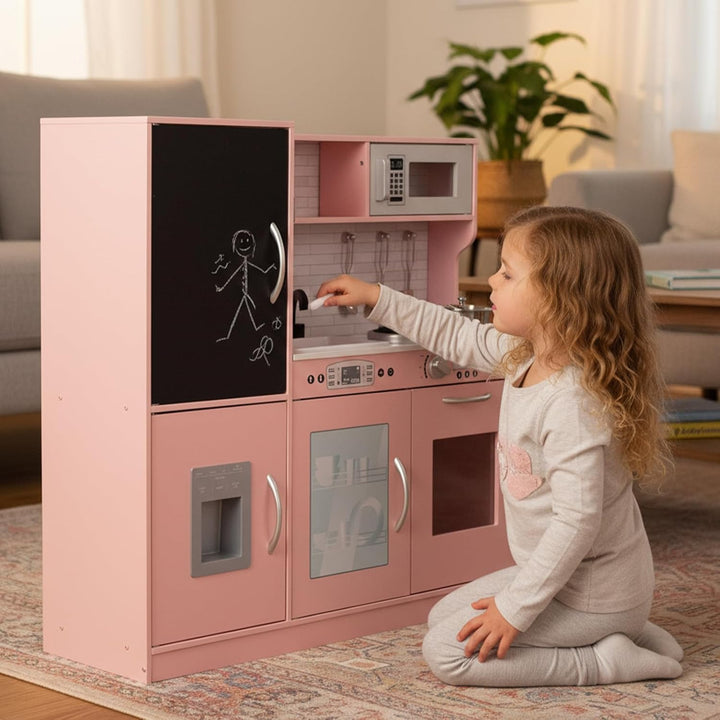 WOODENFUN Kinderküche Holz Spielküche für Kinder mit Blackboard, Telefon, Topf, Topfschaufel, Gesche