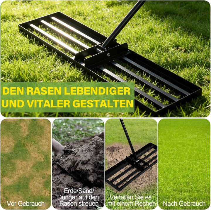 Rasenrechen 75x25cm mit 2m Verstellbarem Griff & Drehsteckersystem , Handlicher Arbeitssparendes Ras