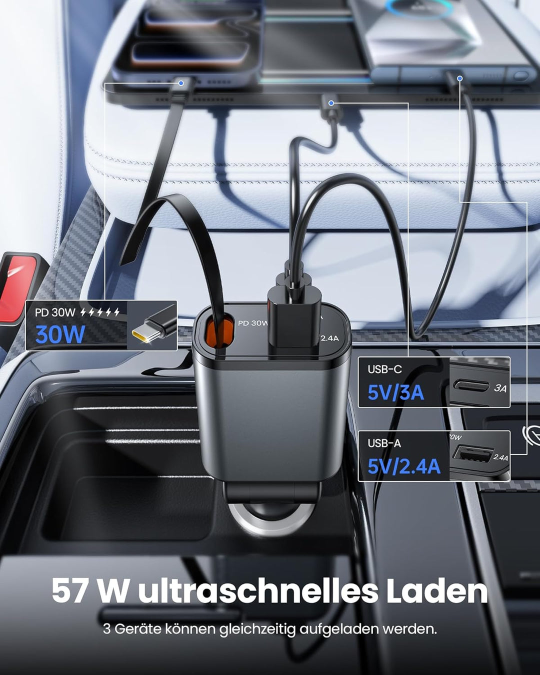 Zigarettenanzünder USB C, Super Kompakt Auto Ladegerät 57W Ladekabel Auto, 3 in 1 USB Kfz Ladegerät