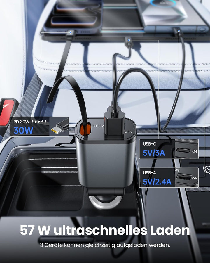 Zigarettenanzünder USB C, Super Kompakt Auto Ladegerät 57W Ladekabel Auto, 3 in 1 USB Kfz Ladegerät