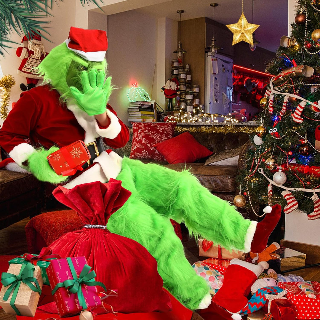 SINSEN Weihnachtsmann Kostüm für Erwachsene 7 Teile Weihnachten Grün Grosses Monster Kostüm Erwachse