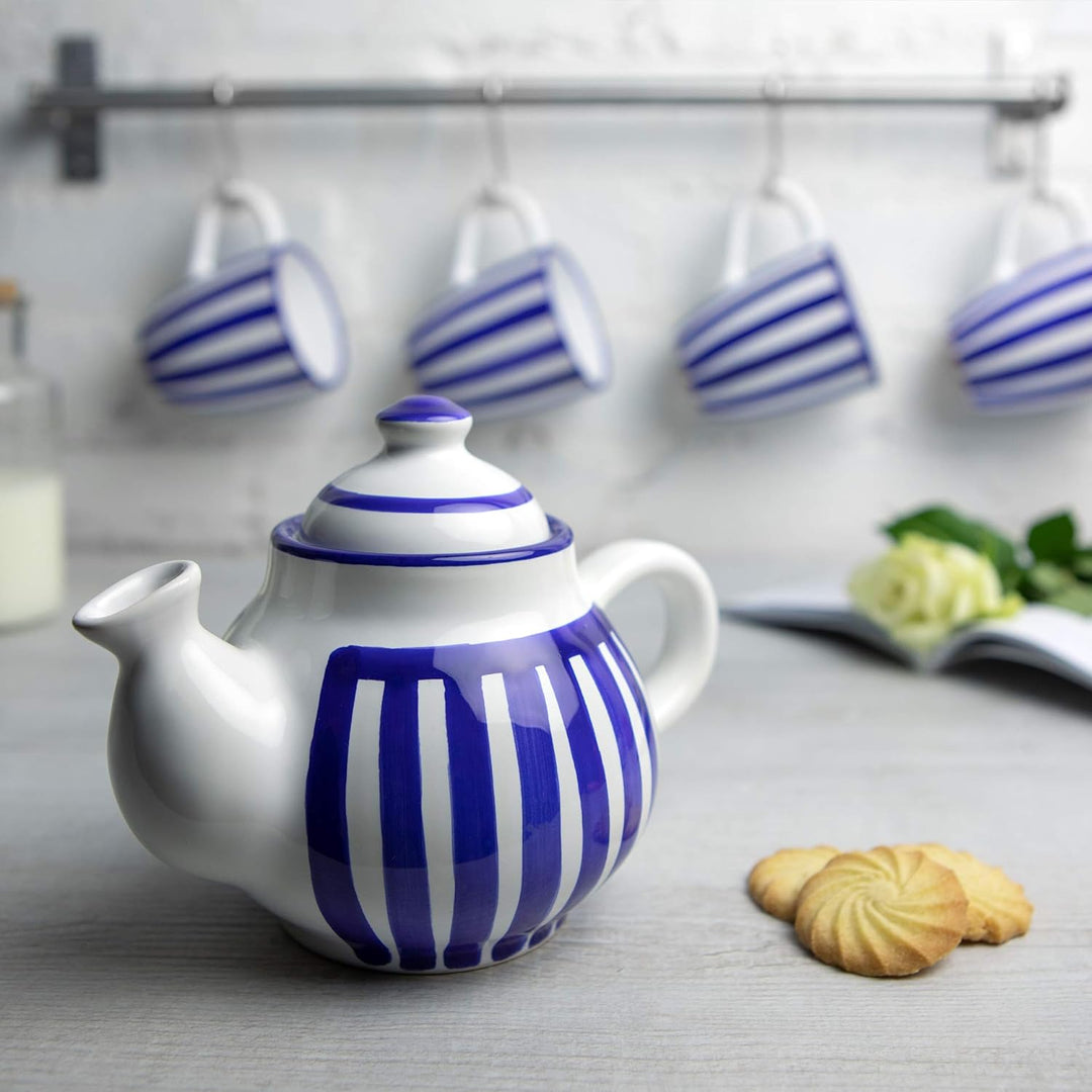 City to Cottage® - Teekanne Kaffeekanne für 2 Tassen | Blau-Weiss gestreift | Handgemacht | Teekanne