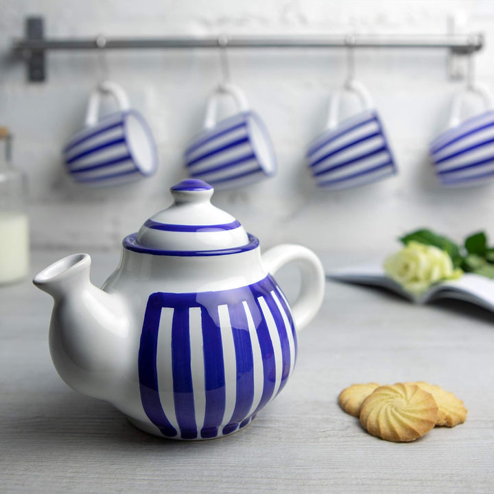 City to Cottage® - Teekanne Kaffeekanne für 2 Tassen | Blau-Weiss gestreift | Handgemacht | Teekanne