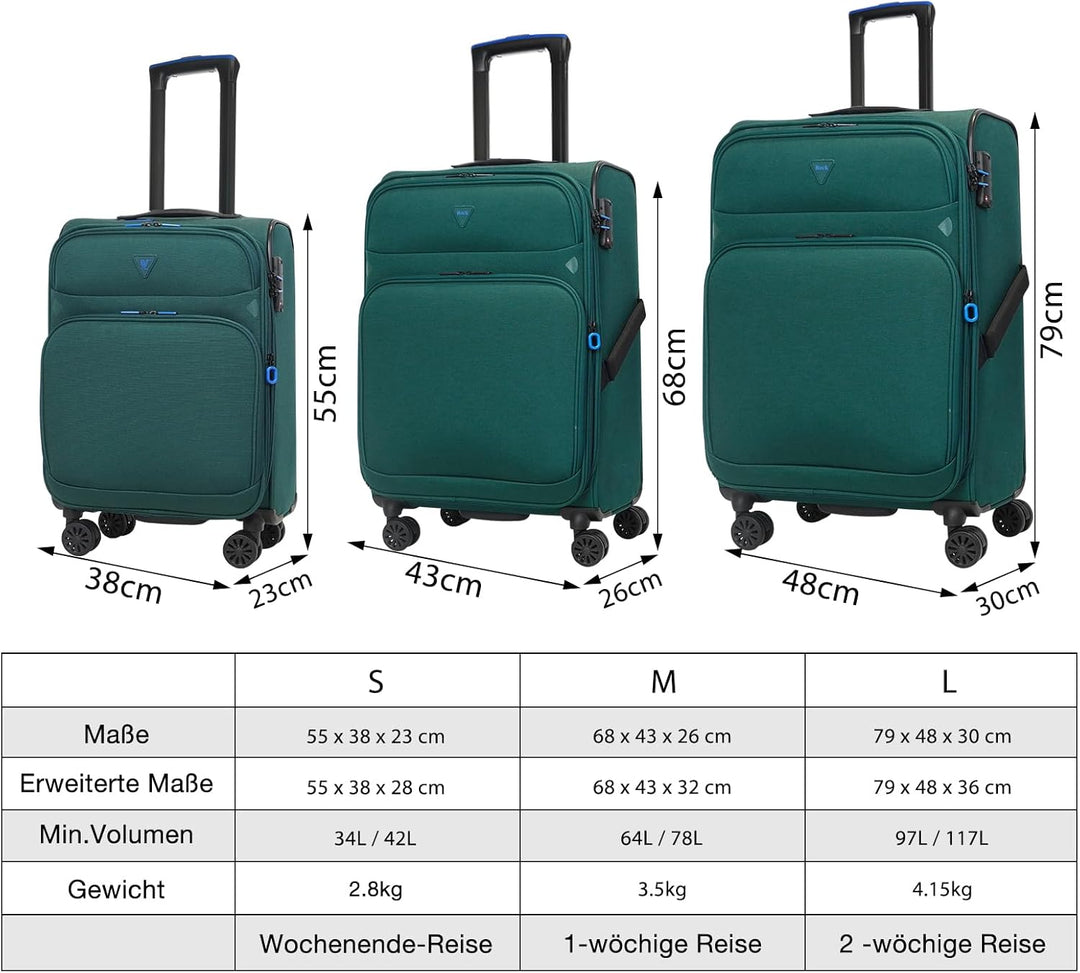ABISTAB Weichschalenkoffer 4 Rollen dunkel grün Business Koffer Reisekoffer 28 L mit Dehnfalte TSA S