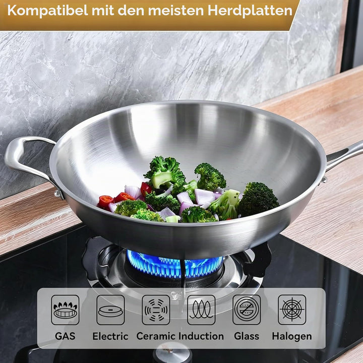 LOLYKITCH 32 cm dreilagige Edelstahl-Wokpfanne mit Deckel, Stri-Bratpfanne, Induktionspfanne, spülma