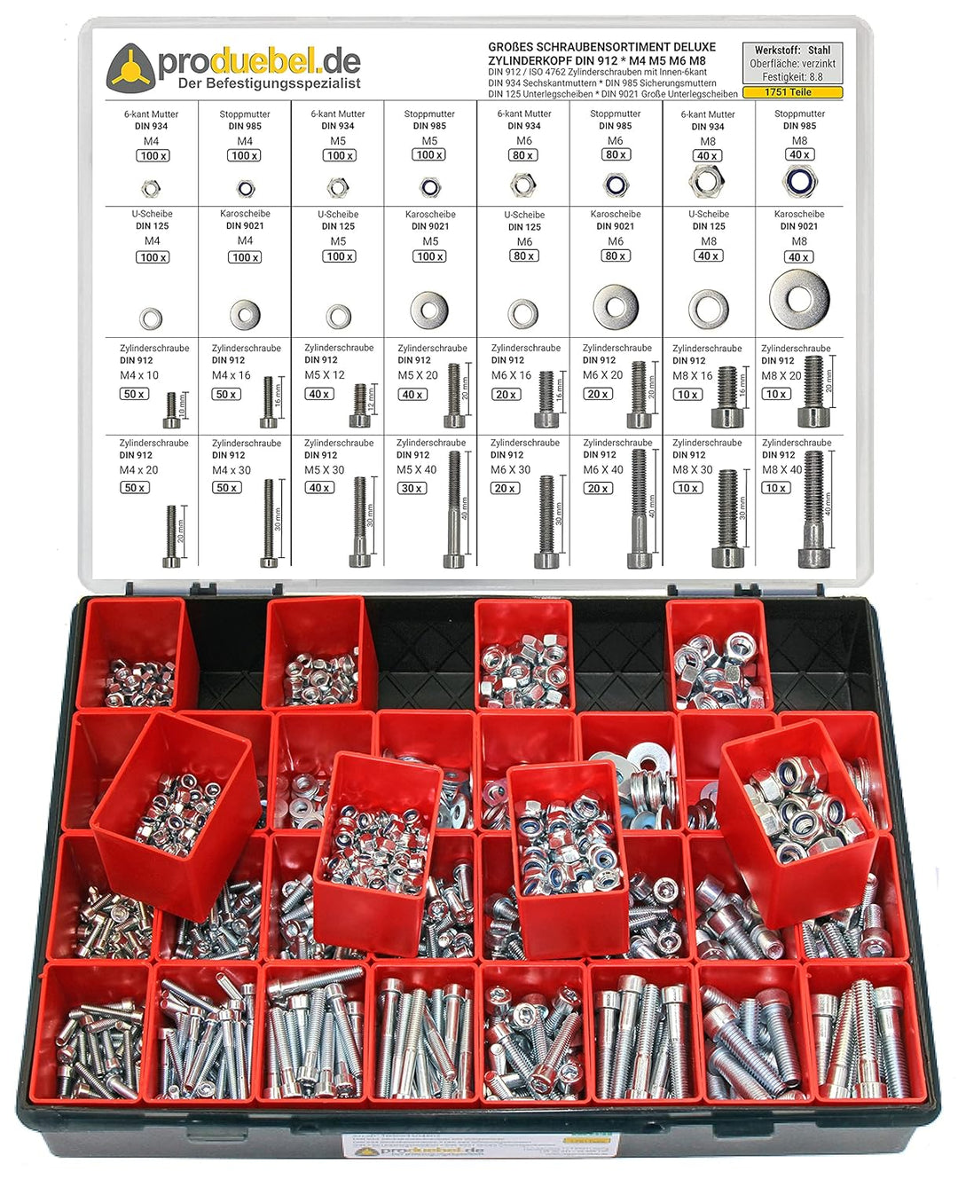 Grosses Schrauben-Sortiment DIN 912 Zylinderkopf M4/M5/M6/M8 Stahl verzinkt 8.8 (DIN912+934+985+125+