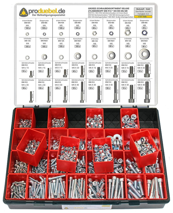 Grosses Schrauben-Sortiment DIN 912 Zylinderkopf M4/M5/M6/M8 Stahl verzinkt 8.8 (DIN912+934+985+125+