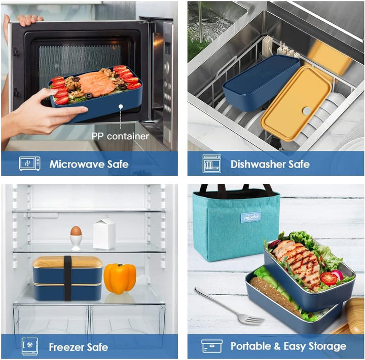Bento Box, Lunchbox Brotdose mit Fächern 2 Ebenen mit 2 Stück Umweltfreundlichen PP &amp; Edelstahlbehäl