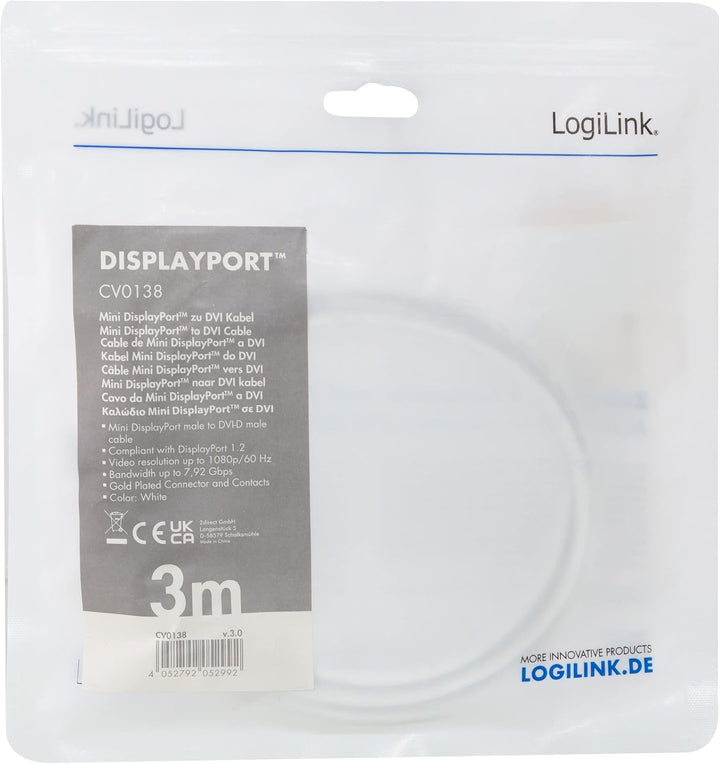 Mini-DisplayPort (v1.2) zu DVI (DVI-D 24+1) Anschlusskabel in weiss, FULL HD, 3m 3m mini-DP zu DVI,