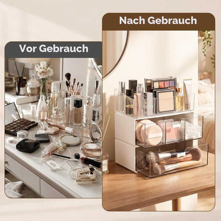 Stapelbarer Kosmetik Organizer 3er Set, Make-up Organizer mit Lippenstiftfach, Einzelfach und 3-Fäch
