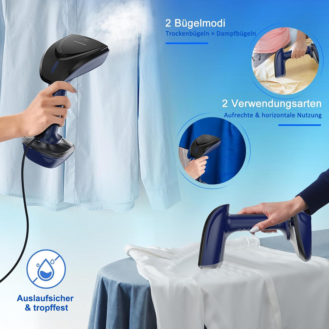 1800W Tragbarer Dampfglätter für Kleidung, 20-Sekunden Aufheizzeit | 2-in-1 Bügeleisen &amp; Faltenentfe