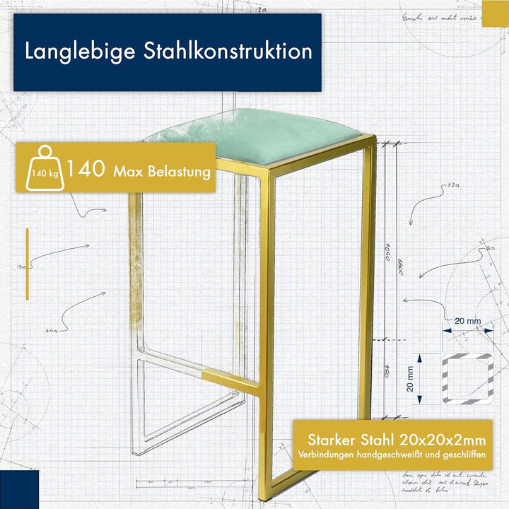 FERRO modern design Barhocker Gold ohne Lehne 64 cm - Metal Barstuhl mit Gepolstertem Sitz - Loft St