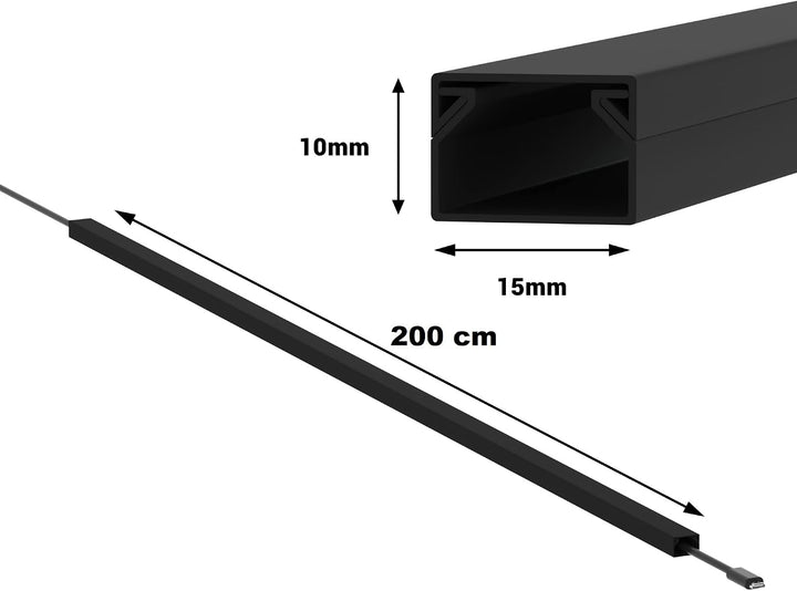 Kabelkanal, 15x10 mm, 1x2 m, Schwarz, selbstklebend | PVC, UV-beständig, Innen &amp; Aussen, 1 Stange à