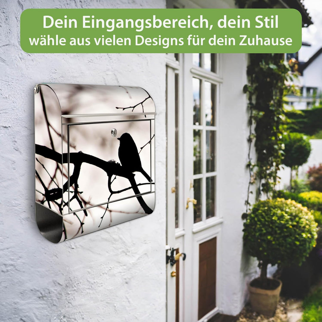 banjado® Briefkasten Edelstahl mit Motiv Früher Vogel 38x43x12cm &amp; 2 Schlüssel - rostfreier Edelstah