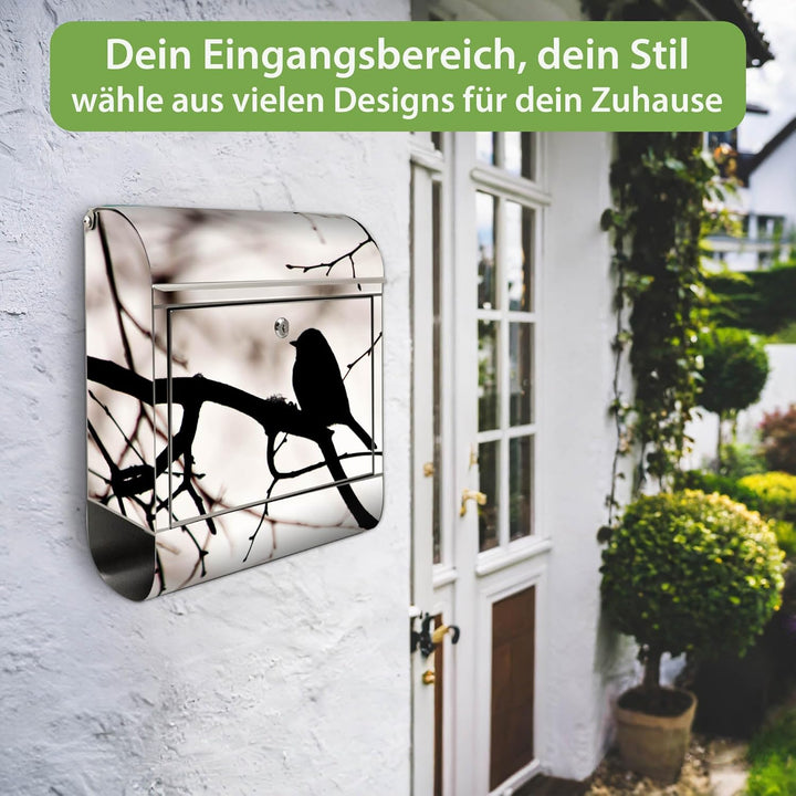 banjado® Briefkasten Edelstahl mit Motiv Früher Vogel 38x43x12cm &amp; 2 Schlüssel - rostfreier Edelstah