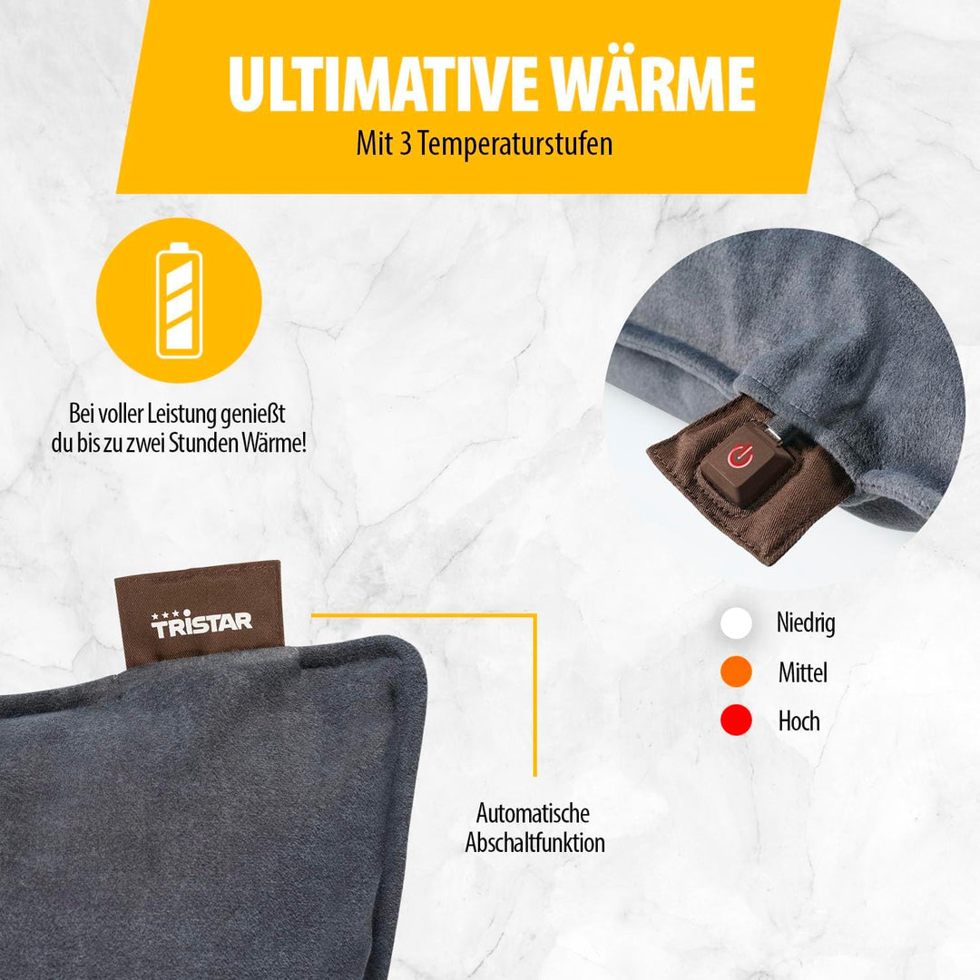 Tristar Kabelloses Heizkissen, 60x45 cm, 5.000 mAh Powerbank, 3 Temperaturstufen, 10 Min Aufheizzeit