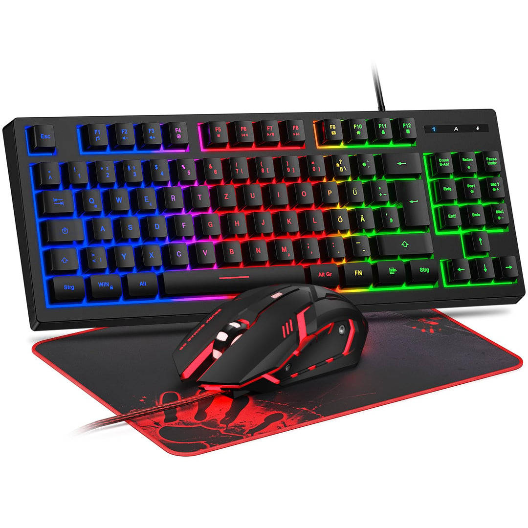 Gaming Tastatur und Maus Set, QWERTZ DE Layout, 75% TKL, RGB Hintergrundbeleuchtete Kabelgebundene T