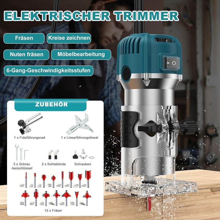 Holzfräse Oberfräse,800W 28000rpm Einhandfräse Kantenfräse Oberfräse Trimmer,6 Geschwindigkeit Elect