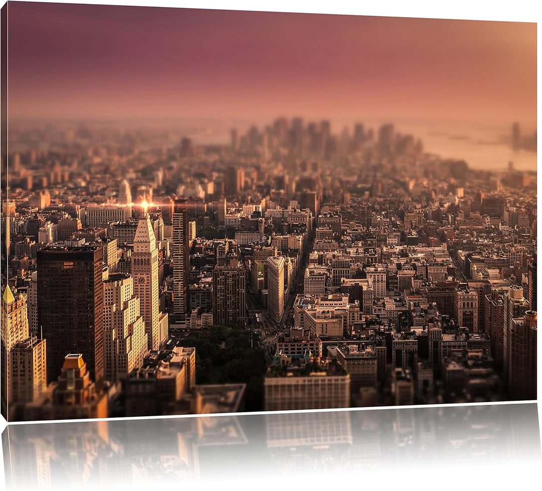 Pixxprint New York City bei Sonnenuntergang / 100x70cm Leinwandbild bespannt auf Holzrahmen/Wandbild