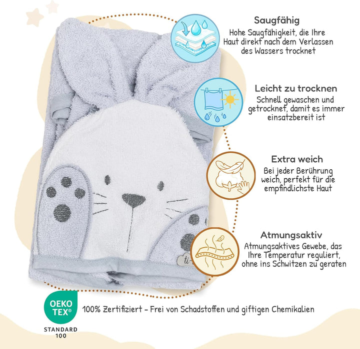 Ti TIN Kinder‑Bademantel mit Kapuze und Hasenohren – 100% Baumwolle, weich & saugfähi, Grösse 6–12 M
