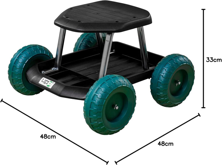 UPP fahrbarer Gartenwagenrollsitz bis 130 kg mit Ablage | Knie- und rückenschonende Sitzgelegenheit