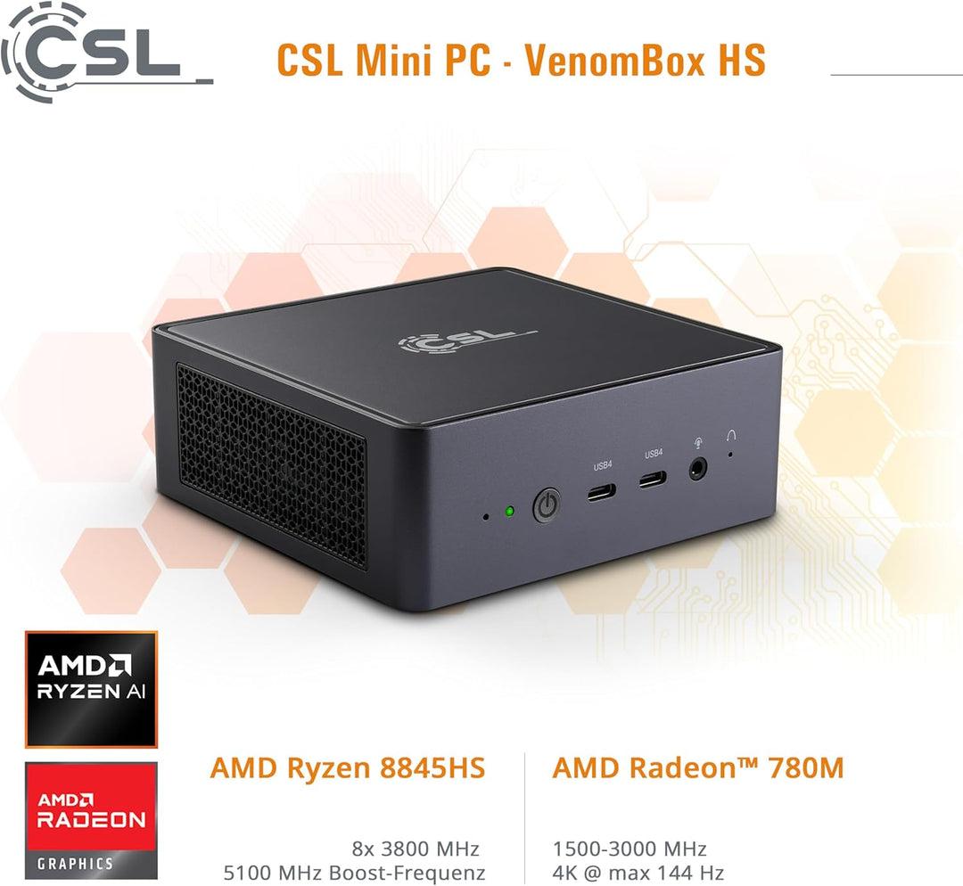 Mini PC CSL VenomBox HS Windows 11 Pro, AMD Ryzen 7 8845 HS 8X 3800 MHz, 4000 GB M.2 SSD, 96 GB DDR5