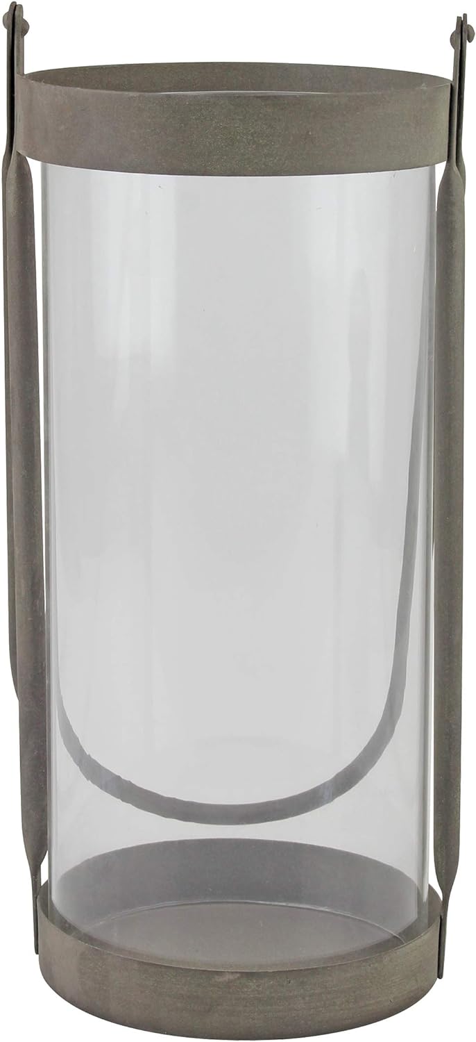 Stonebriar Industrial Glass Cylinder Hurricane Candle Lantern with Rustic Zinc Metal Frame and Handl